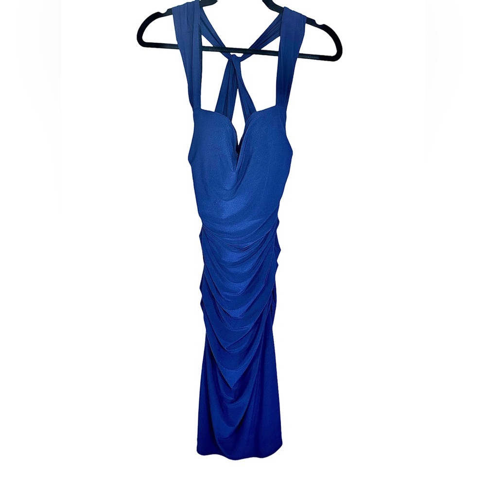 [ LAUNDRY by SHELLI SEGAL ] Deep Blue Crossed Back Ruched Midi Dress : Sz 4